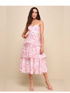 Lulus Pristine Cutie Light Pink Floral Organza Bustier Midi Dress - Size Large